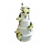 Tort weselny piętrowy wzór Tzk05 | Semi Naked, róże i frezje z czekoladą