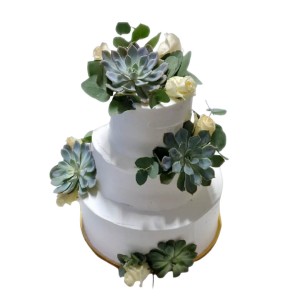 Tort weselny piętrowy biały wzór Tzk19 | kremowe róże i sukulenty