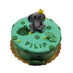 Tort dla dzieci wzór Td15 | słonik z koroną na zielonym torcie z monsterami