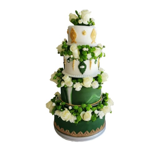 Tort weselny piętrowy zielony z koronką wzór Tzk37 | białe róże, złote ornamenty