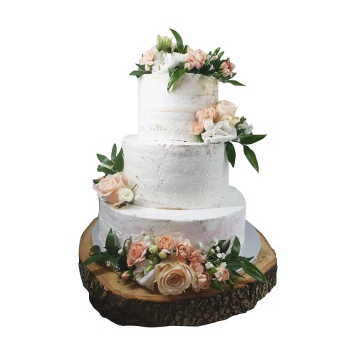 Tort weselny piętrowy biały  wzór Tzk04 | Semi Naked z pudrowymi kwiatami