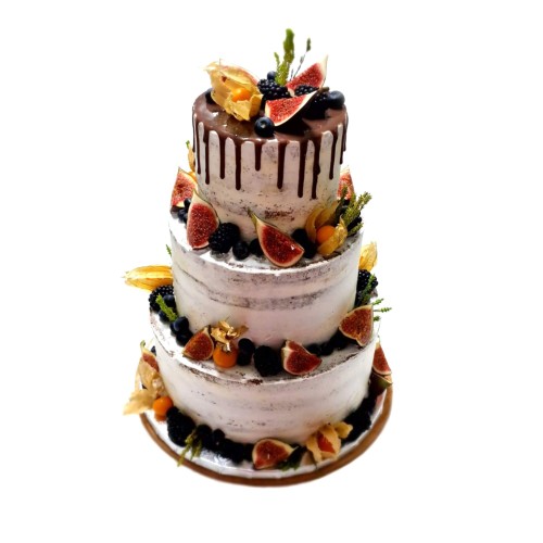 Tort weselny piętrowy wzór Ncr10 | Naked Cake z figami, jeżynami i physalis