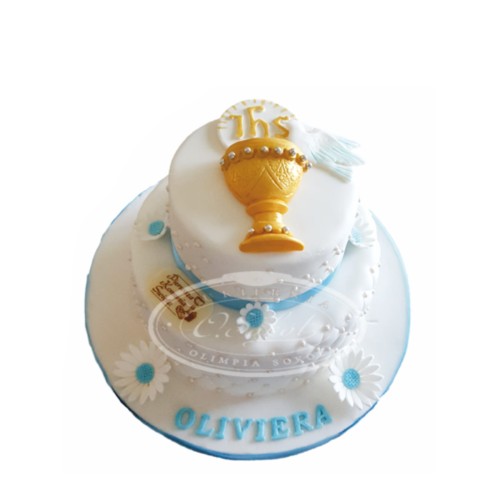 Tort komunijny wzór Tk11 | złoty kielich z gołąbkiem
