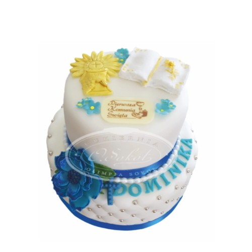 Tort komunijny wzór Tk32 | złoty kielich z książką komunijną i niebieskimi kwiatami