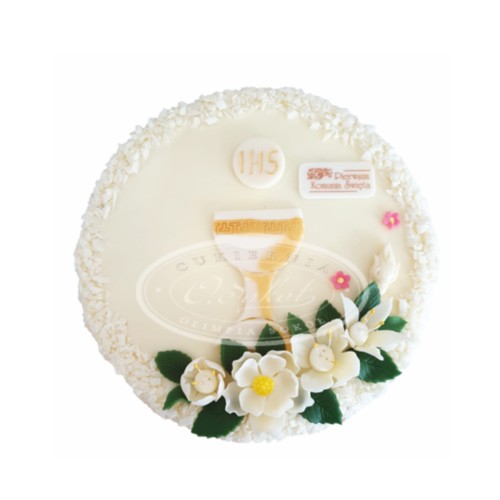 Tort komunijny wzór Tk03 | biały kielich z białymi kwiatami