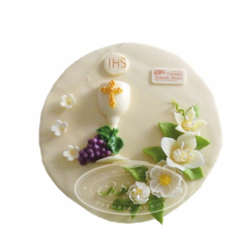 Tort komunijny wzór Tk02 | kielich z winogronami i białymi kwiatami