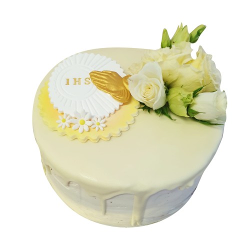 Tort komunijny wzór Tk04 | hostia z modlącymi się rękoma i żywymi kwiatami