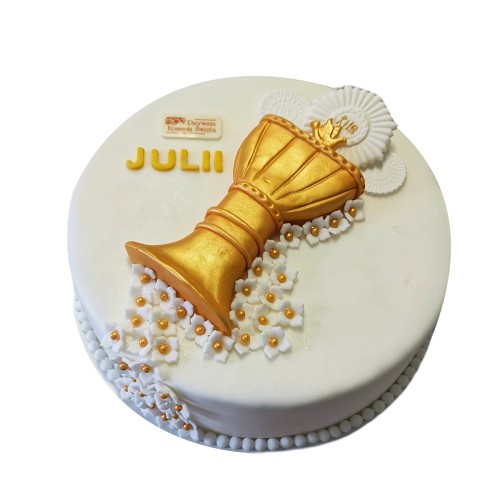 Tort komunijny wzór Tk05 | złoty kielich z drobnymi kwiatami