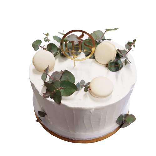 Tort komunijny wzór Tk14 | Semi Naked z makaronikami i eukaliptusem