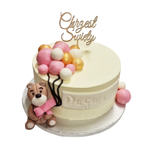 Tort piętrowy na Chrzest Święty wzór Tch12 | miś z różowymi balonikami