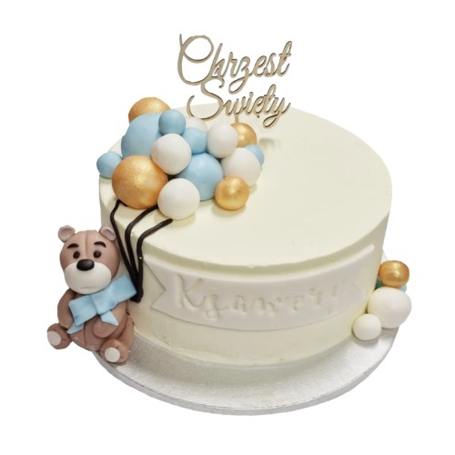 Tort piętrowy na Chrzest Święty wzór Tch08 | miś z niebieskimi balonikami