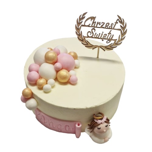 Tort na Chrzest Święty wzór Tch14 | aniołek z różowym napisem