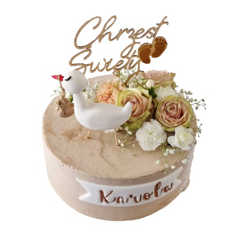Tort na Chrzest Święty wzór Tch25 | bocian z dzidziusiem i pudrowymi różami