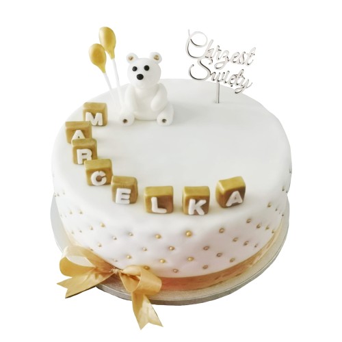 Tort na Chrzest Święty wzór Tch18 | biały miś ze złotymi balonikami
