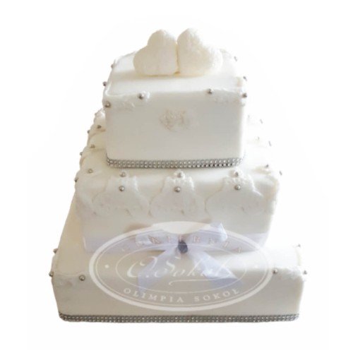 Tort weselny kwadratowy piętrowy biały wzór Tp09 | serca i ornamenty