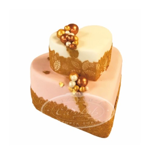 Tort weselny piętrowy serca wzór Tp12 | koronka, kulki i złote ornamenty