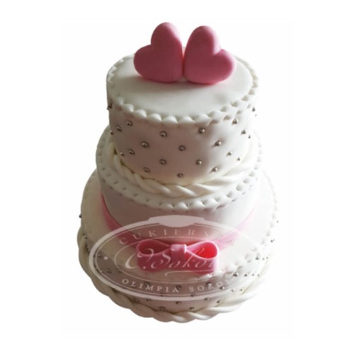 Tort weselny pikowany biały wzór Tp13 | różowe serca i kokardka