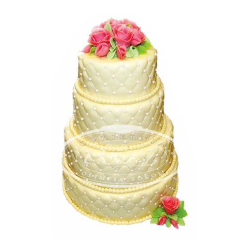 Tort weselny pikowany ecru wzór Tp14 | różowe róże z koralikami