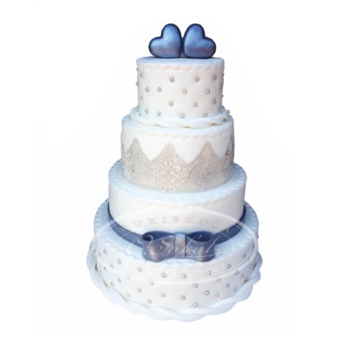 Tort weselny pikowany biały wzór Tp16 | niebieskie serca, koronka i kokardka