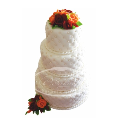 Tort weselny pikowany biały wzór Tp18 | pomarańczowe i bordowe róże