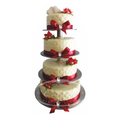 Tort weselny pikowany ecru na stelażu wzór Tps01 | serca i czerwone kwiaty