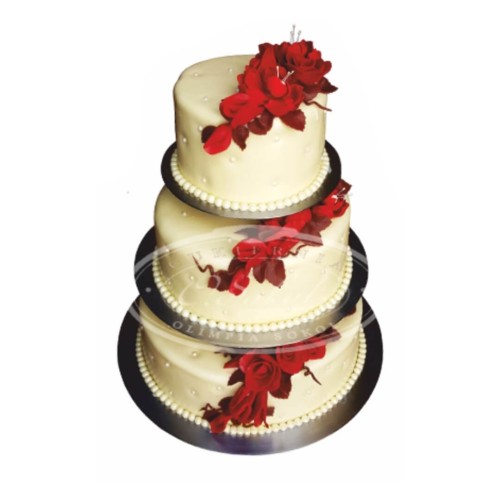 Tort weselny ecru na stelażu wzór Tps02 | czerwone róże