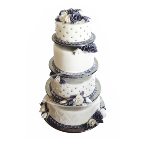 Tort weselny biały na stelażu wzór Tps03 | białe i szare róże z koronką i perełkami