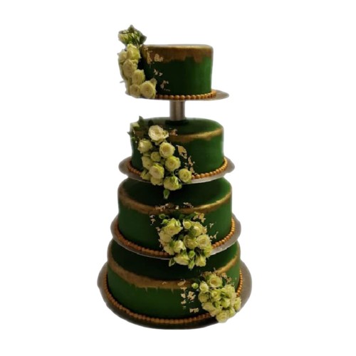 Tort weselny zielony na stelażu wzór Tps11 | zielone róże i złote zdobienia