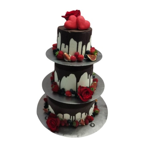 Tort weselny na stelażu wzór Tps12 | czerwone róże i owoce z czekoladą