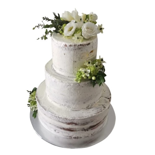 Tort weselny piętrowy biały wzór Tzk08 | Semi Naked biała eustoma