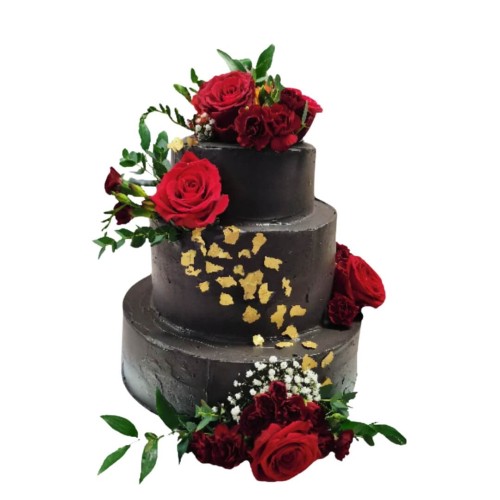 Tort weselny piętrowy czekoladowy wzór Tzk09 | czerwone róże z płatkami złota