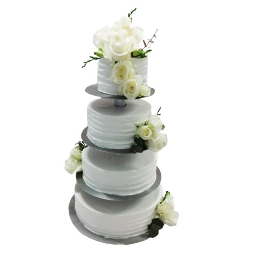 Tort weselny biały na stelażu wzór Tzk13 | białe róże i frezje