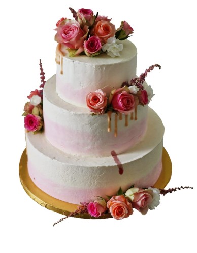 Tort weselny wzór Tzk38 | Ombre ze złotą polewą i różowymi różami