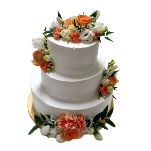 Tort weselny piętrowy biały wzór Tzk20 | pomarańczowe, kremowe i białe kwiaty