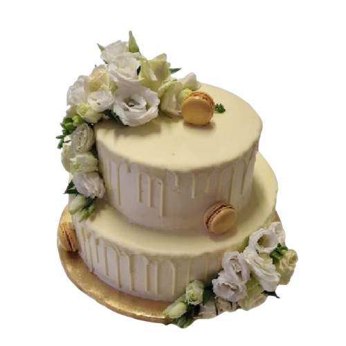 Tort weselny piętrowy wzór Tzk21 | Drip Cake z makaronikami i żywymi kwiatami