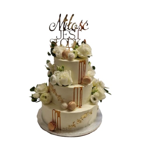 Tort weselny piętrowy wzór Tzk27 | makaroniki, złoto i żywe kwiaty