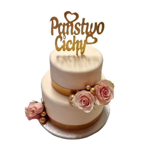 Tort weselny piętrowy wzór Tzk28 | kule złote i różowe róże