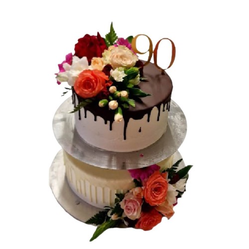 Tort piętrowy wzór Tzk29 | Drip Cake z żywymi kwiatami
