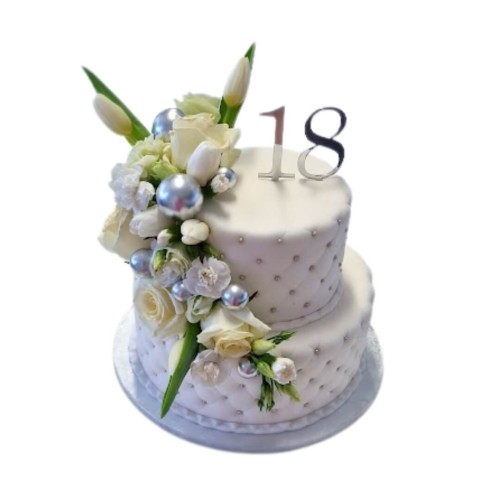 Tort piętrowy pikowany wzór Tzk26 | srebrne kule, róże i tulipany