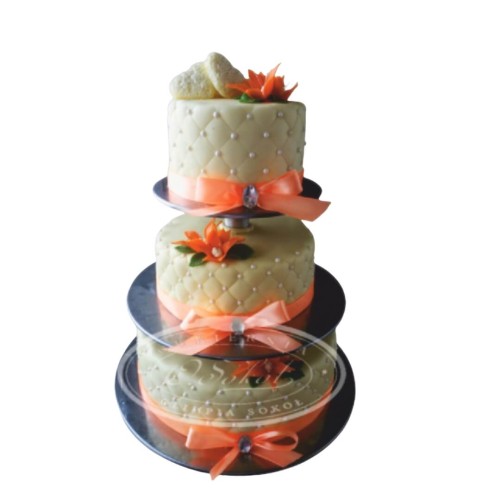 Tort weselny pikowany ecru na stelażu wzór Tps05 | serca i pomarańczowe kwiaty