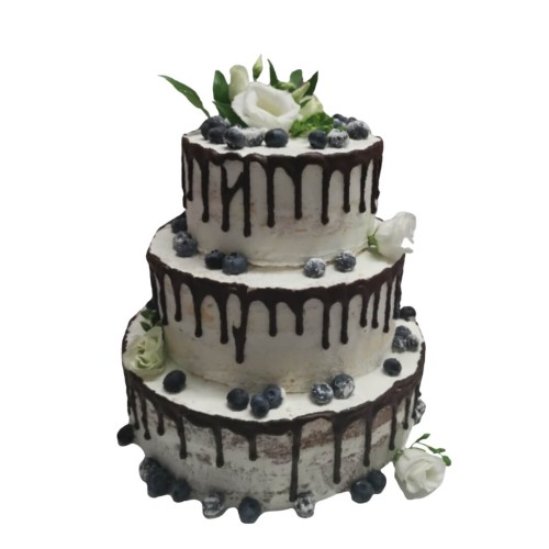 Tort weselny piętrowy wzór Tzk35 | Naked Cake, Drip Cake, biała eustoma i borówki