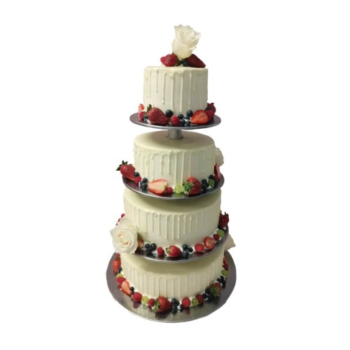 Tort weselny na stelażu biały wzór Ncr12 | Drip Cake z owocami i różami