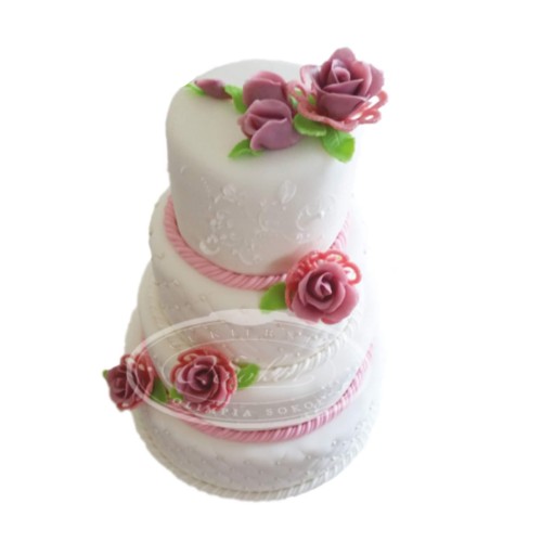 Tort weselny piętrowy biały wzór TP25 | wrzosowe róże w ażurowych  koszyczkach
