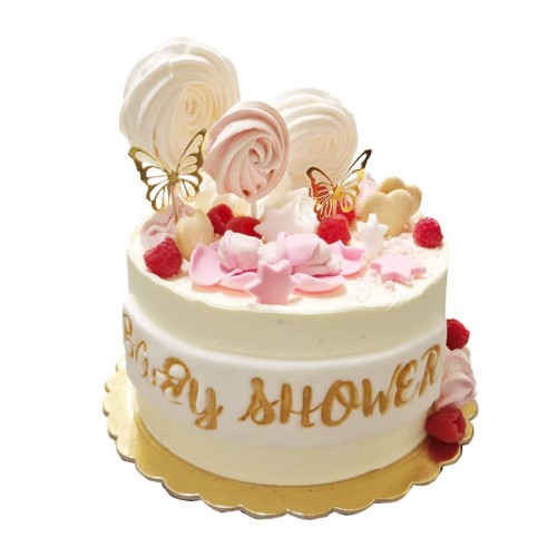 Tort Baby Shower wzór Bsh04 | różowy dzidziuś, lizaki bezowe i złote motylki