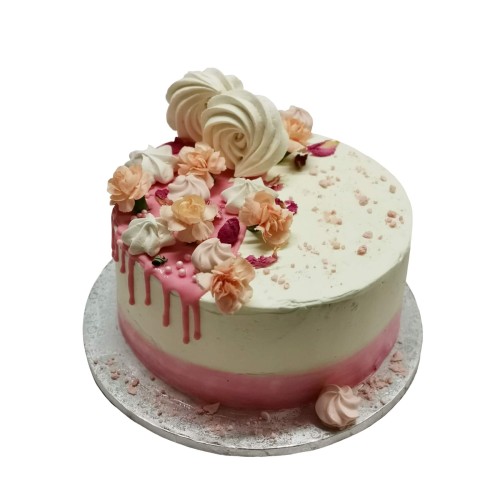 Tort Baby Shower wzór Bsh06 | Drip Cake różowy, lizaki bezowe, makaroniki i goździki