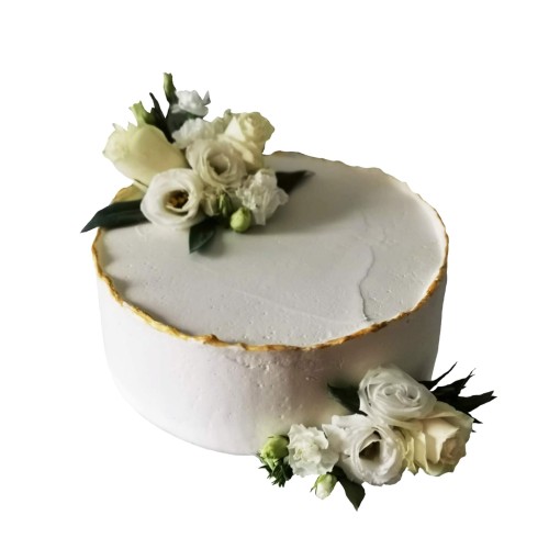 Tort okrągły biały wzór Tm27 | rustykalny z żywymi kwiatami