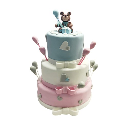 Tort piętrowy Baby Shower wzór Bsh08 | miś z prezentem i balonikami