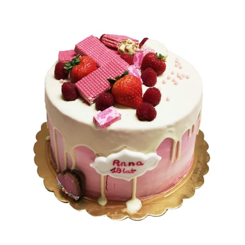 Tort urodzinowy różowy wzór Tm26 | Drip Cake, 18 urodziny z truskawkami