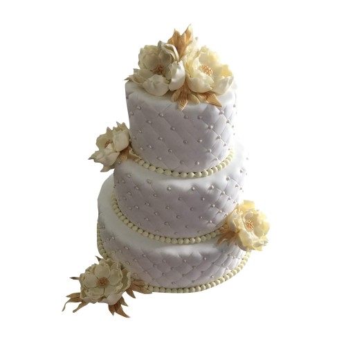 Tort weselny pikowany biały wzór TP04 | kremowe piwonie, złote liście