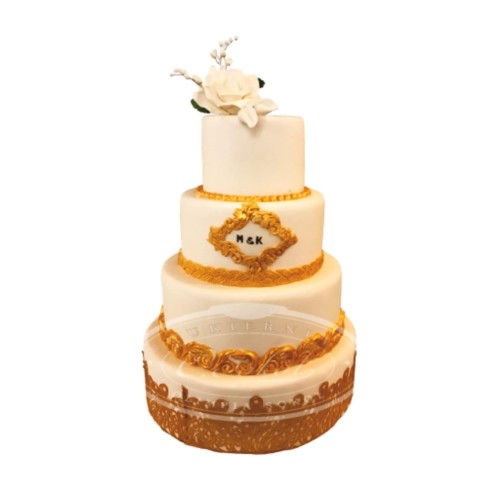 Tort weselny piętrowy z koronką wzór TP30 | biała róża, złote ornamenty